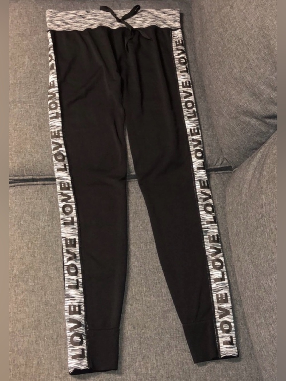 Soho Girls Stretchy Black Jogger Pants Grey “Love” Stripe Sz L/XL